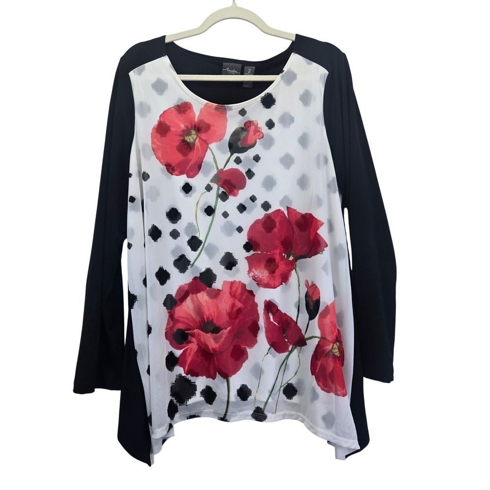 Travelers by Chicos Black Poppy‎ Floral Sheer Overlay Tunic Top Size 2 Large Art